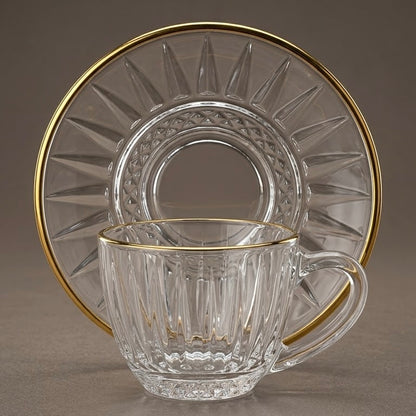 6-Piece Gold-Rimmed Fluted Glass Coffee Cup and Saucer Set
