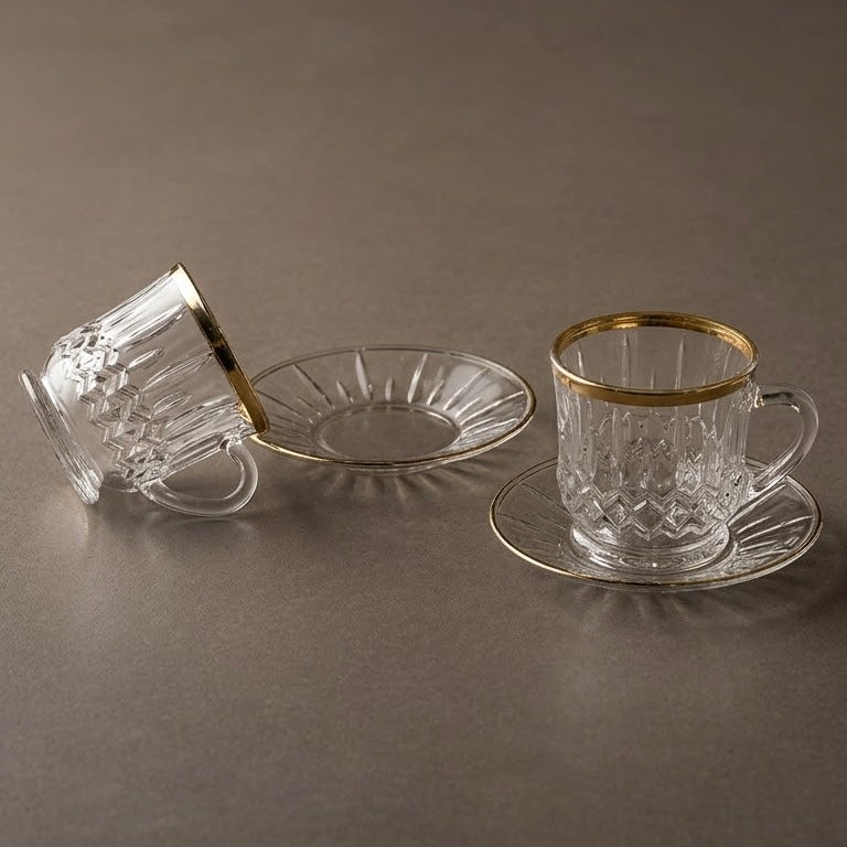 Luxury Clear Glass Espresso & Coffee Mugs with Gold Edge – 6 Person Set - Mawaeen