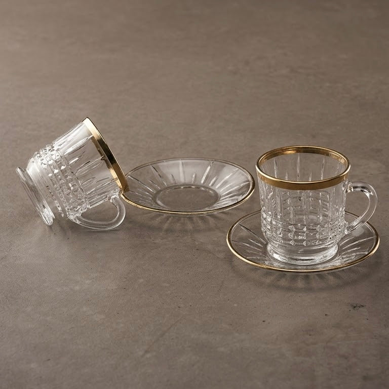 6-Piece Gold-Trimmed Crystal Coffee Cup and Saucer Set - Mawaeen