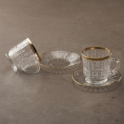 6-Piece Gold-Trimmed Crystal Coffee Cup and Saucer Set - Mawaeen