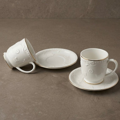 Embossed Porcelain Coffee Cup and Saucer Set with Gold Trim (6-Person Set)
