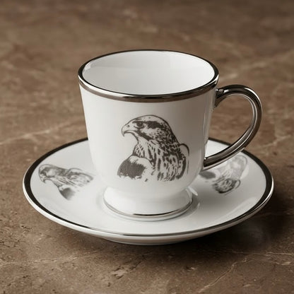 Falcon Motif Porcelain Coffee Cup and Saucer Set with Silver Trim (6-Person Set)