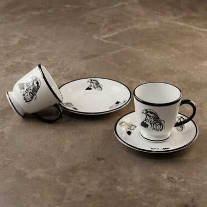 Falcon Motif Porcelain Coffee Cup and Saucer Set with Black Trim (6-Person Set)