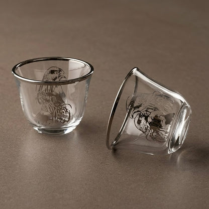 Falcon Motif Glass Arabic Coffee Cup Set with Silver Trim (6 Pieces)