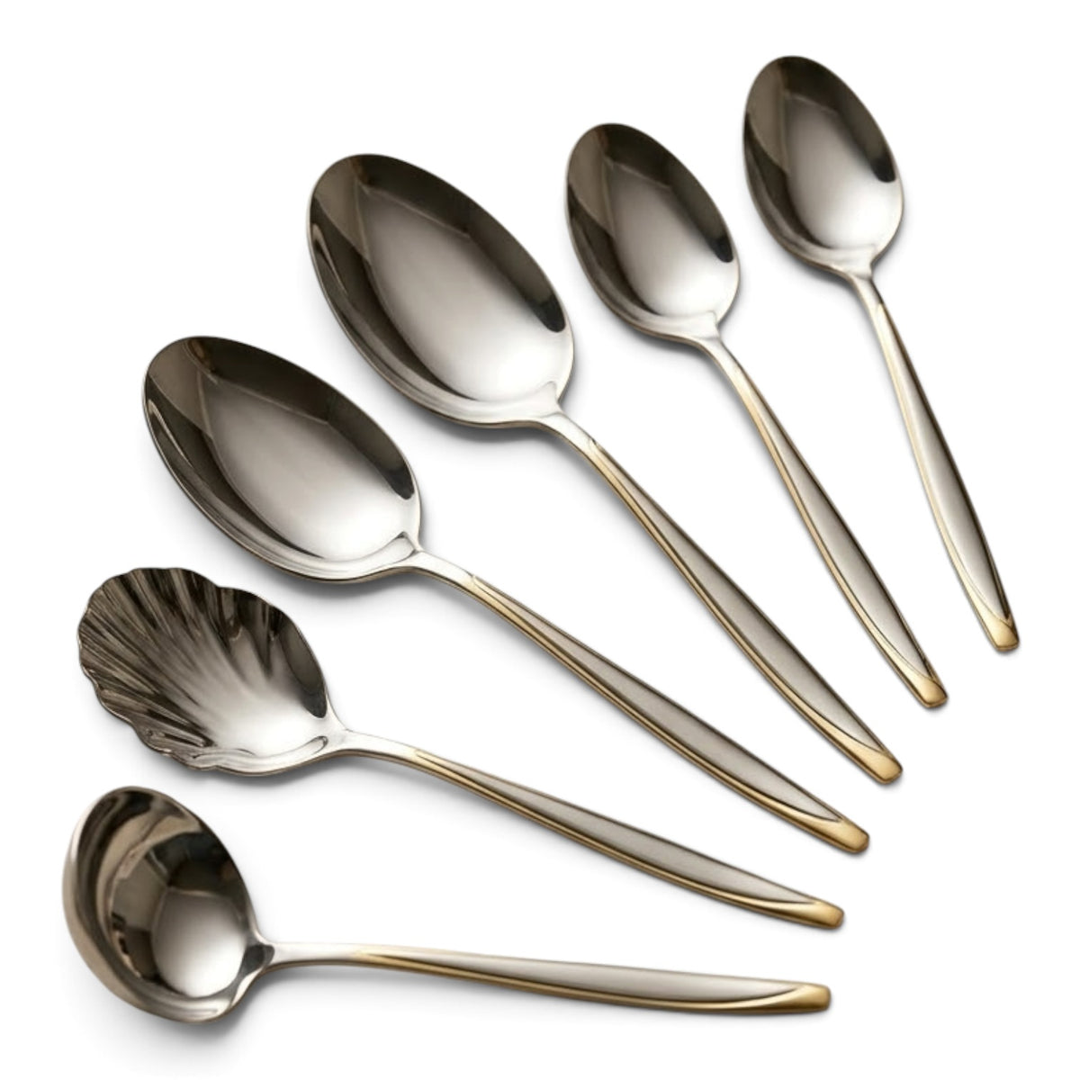 Alpen Berg Luxury Two-Tone Stainless Steel Serving & Hostess Set (6 Pcs) with Stand – Silver & Gold Trim - Mawaeen