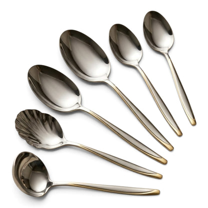 Alpen Berg Luxury Two-Tone Stainless Steel Serving & Hostess Set (6 Pcs) with Stand – Silver & Gold Trim - Mawaeen
