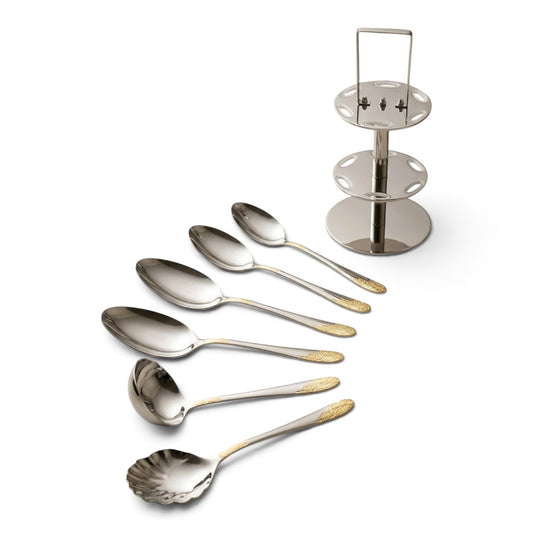 Alpen Berg Luxury Two-Tone Stainless Steel Serving & Hostess Set (6 Pcs) with Stand – Silver & Textured Gold - Mawaeen