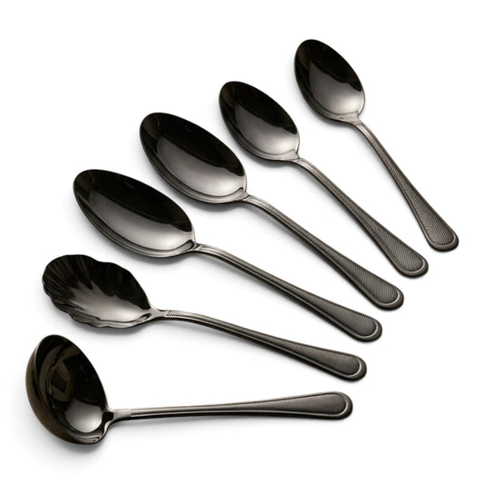 Alpen Berg Luxury Black Stainless Steel Serving & Hostess Set (6 Pcs) with Stand - Mawaeen