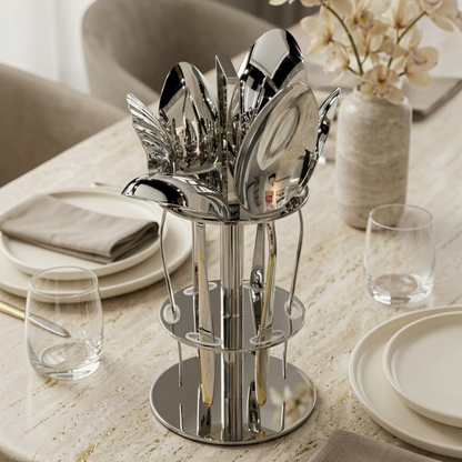 Alpen Berg Luxury Two-Tone Stainless Steel Serving & Hostess Set (6 Pcs) with Stand – Silver & Gold Trim - Mawaeen
