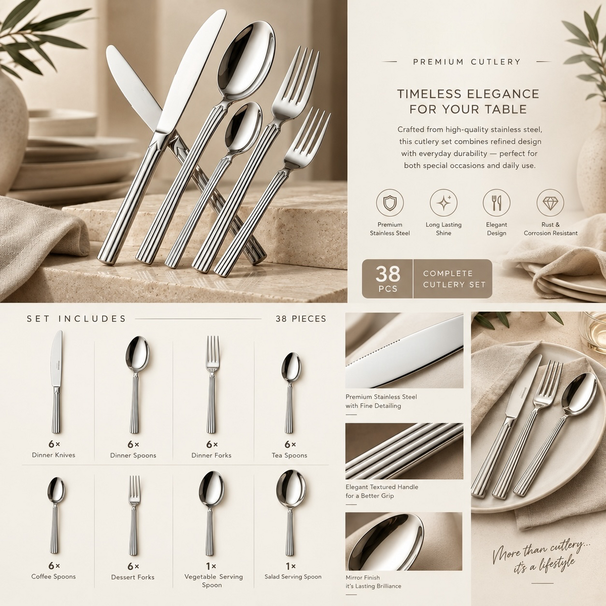 Alpen Berg Luxury Stainless Steel Cutlery Set (38 Pcs) with Stand – Ribbed Handle Design