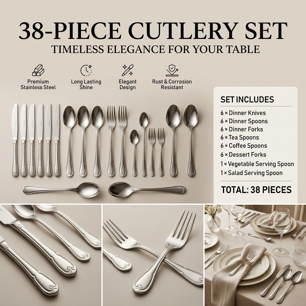 Alpen Berg Luxury Stainless Steel Cutlery Set (38 Pcs) with Stand – Classic Scalloped Handle Design - Mawaeen
