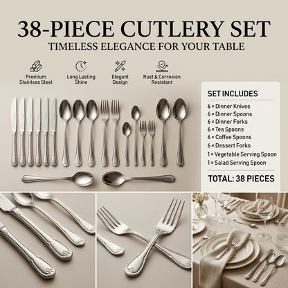 Alpen Berg Luxury Stainless Steel Cutlery Set (38 Pcs) with Stand – Classic Scalloped Handle Design - Mawaeen