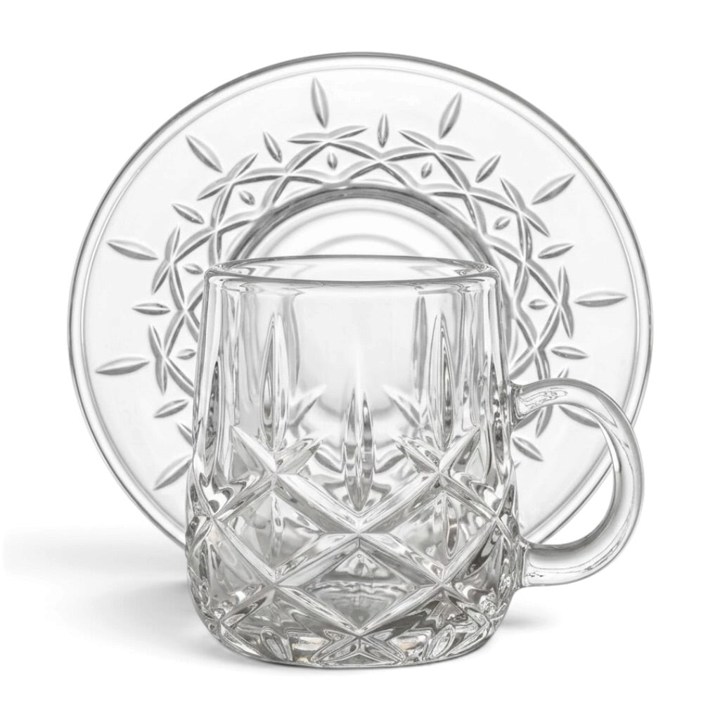 Diamond-Patterned Clear Glass Tea Set with Matching Saucers – 6 Person Set