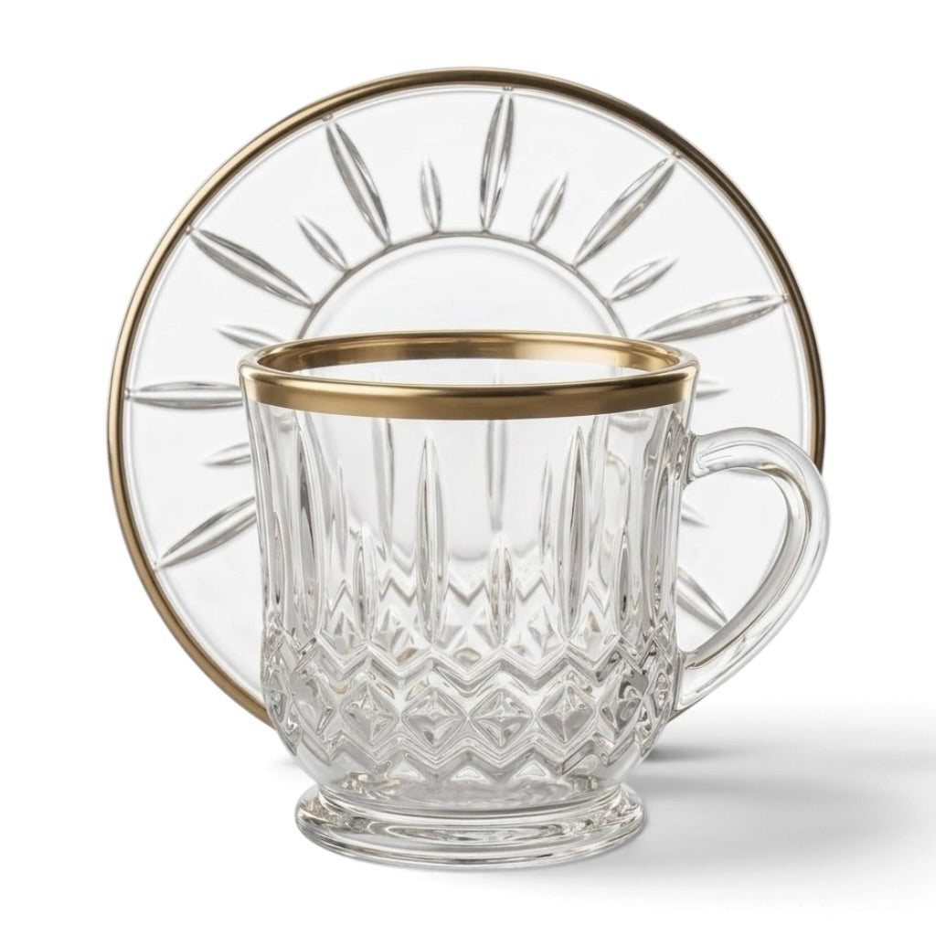 Luxury Clear Glass Espresso & Coffee Mugs with Gold Edge – 6 Person Set - Mawaeen