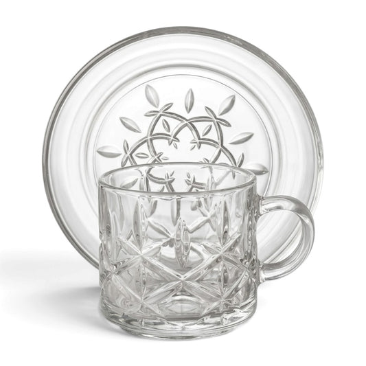 Diamond-Patterned Clear Glass Coffee Set with Matching Saucers – 6 Person Set (4 oz)