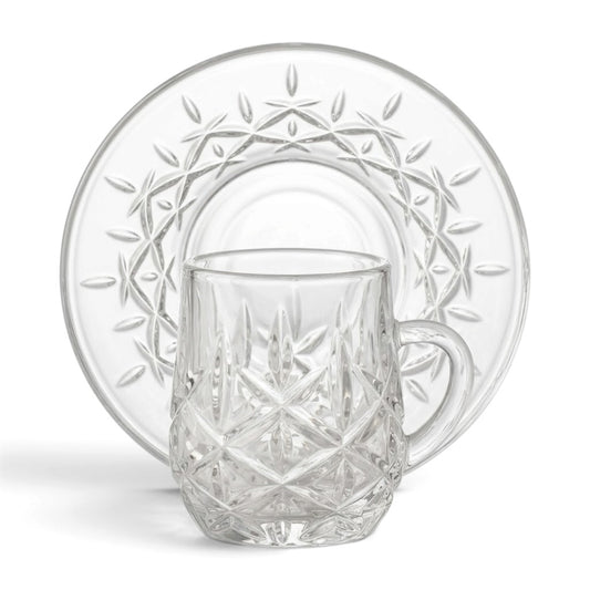 Diamond-Patterned Clear Glass Coffee Set with Matching Saucers – 6 Person Set (3 oz)