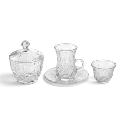 Complete Diamond-Patterned Glass Tea and Coffee Set with Sugar Bowl – 20 Pieces