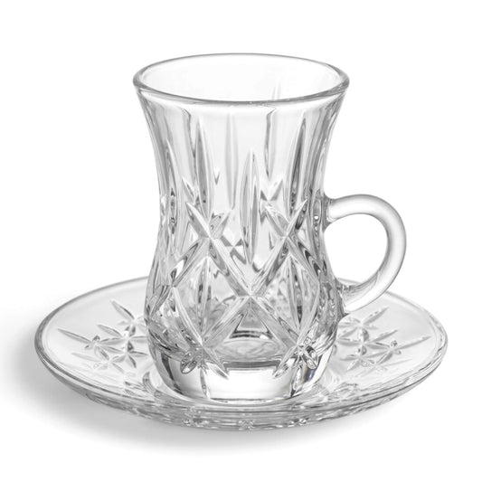 Diamond-Patterned Clear Glass Istikan Set with Matching Star Saucers – 6 Person Set