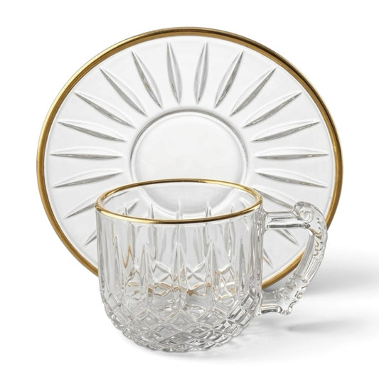 6-Piece Gold-Trimmed Crystal Coffee Cup and Saucer Set (Diamond Pattern)