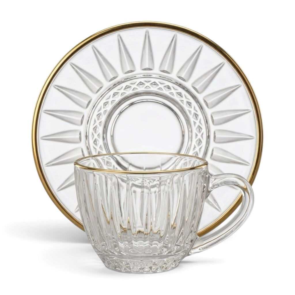 6-Piece Gold-Rimmed Fluted Glass Coffee Cup and Saucer Set
