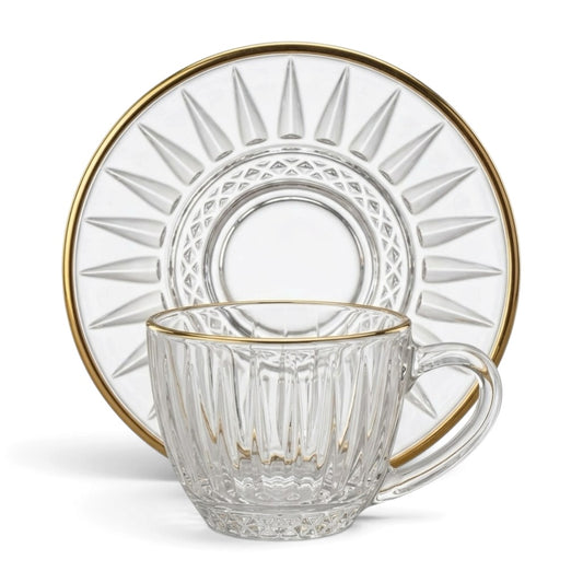6-Piece Gold-Rimmed Fluted Glass Coffee Cup and Saucer Set