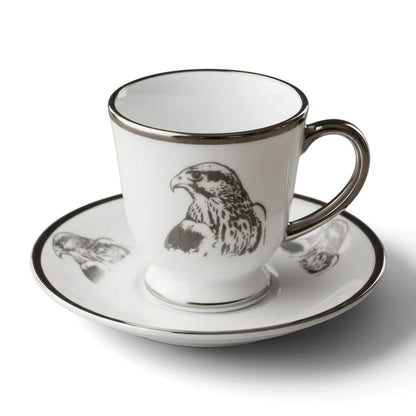 Falcon Motif Porcelain Coffee Cup and Saucer Set with Silver Trim (6-Person Set)