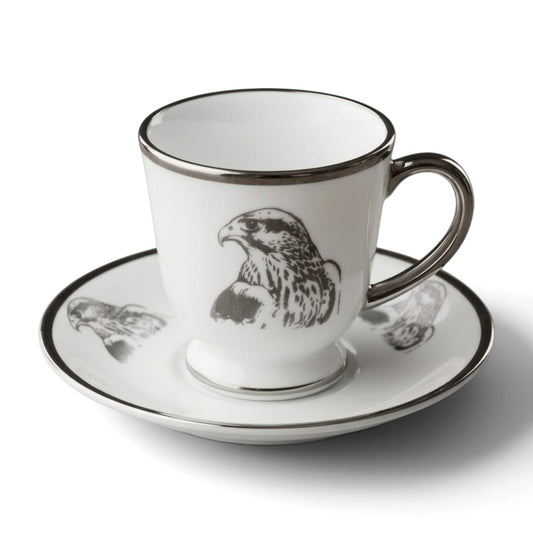Falcon Motif Porcelain Coffee Cup and Saucer Set with Silver Trim (6-Person Set)