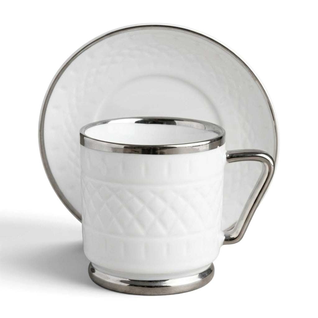 Embossed Porcelain Coffee Cup and Saucer Set with Silver Handles (6-Person Set)