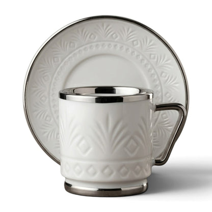 Luxury Relief-Patterned Porcelain Coffee Cup with Silver Accents (6-Person Set)