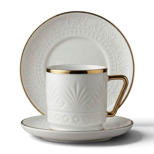 Embossed Porcelain Coffee Cup and Saucer Set with Gold Handles (6-Person Set)