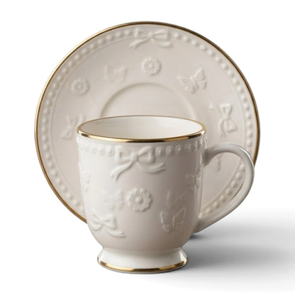 Embossed Porcelain Coffee Cup and Saucer Set with Gold Trim (6-Person Set)
