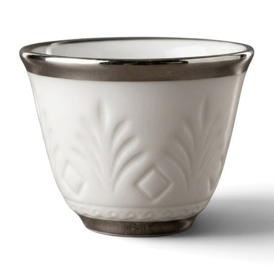Luxury Palm Frond Relief-Patterned Porcelain Finjan with Silver Accents (12 Pcs)