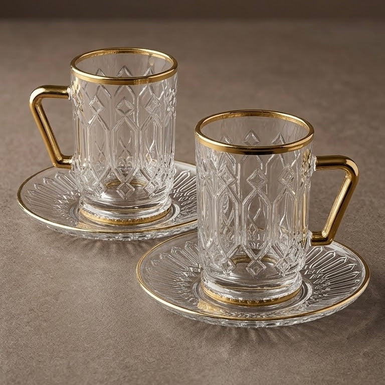 Clear Glass Estikan Set – Geometric Relief Design with Gold Rims (6-Person Set)