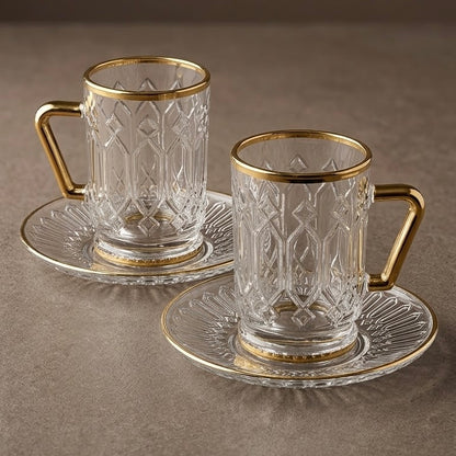 Clear Glass Estikan Set – Geometric Relief Design with Gold Rims (6-Person Set)