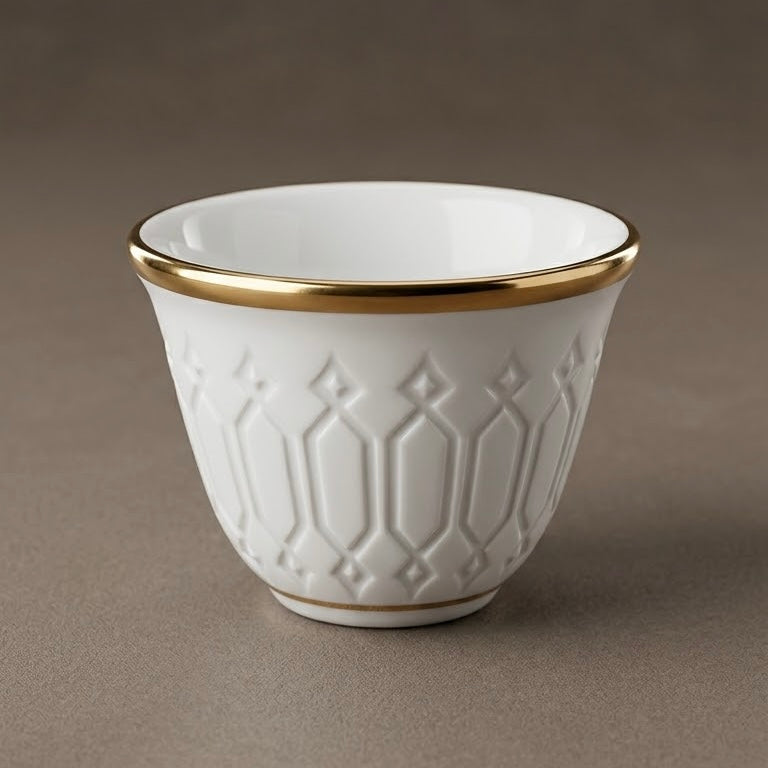 Cawa White Ceramic Arabic Cups – Geometric Relief Design with Gold Edge (12-Pieces)