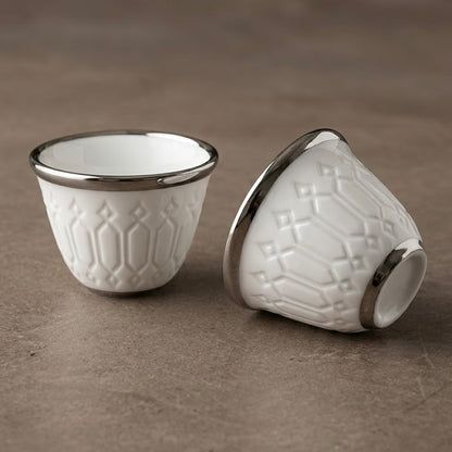 Cawa White Ceramic Arabic Cups – Geometric Relief Design with Silver Edge (12-Pieces)