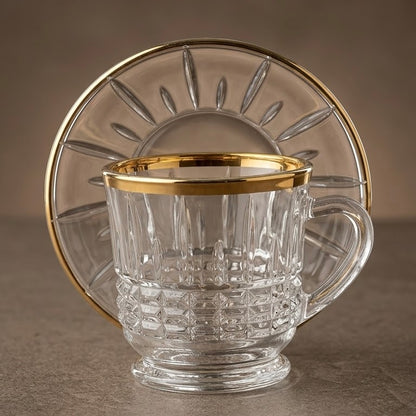 6-Piece Gold-Trimmed Crystal Coffee Cup and Saucer Set - Mawaeen