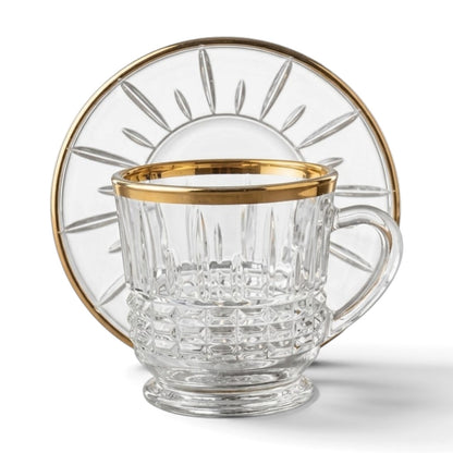 6-Piece Gold-Trimmed Crystal Coffee Cup and Saucer Set - Mawaeen