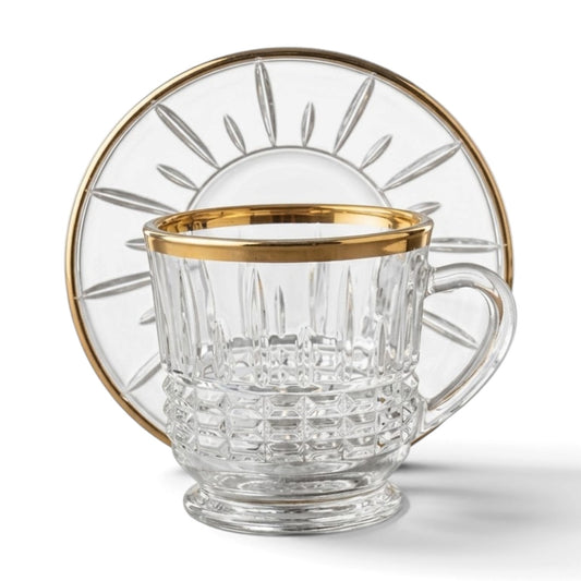 6-Piece Gold-Trimmed Crystal Coffee Cup and Saucer Set - Mawaeen