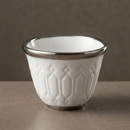 Cawa White Ceramic Arabic Cups – Geometric Relief Design with Silver Edge (12-Pieces)