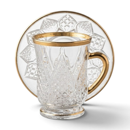 Clear Glass Estikan Set – Cut Crystal Relief Design with Gold Rims (6-Person Set)