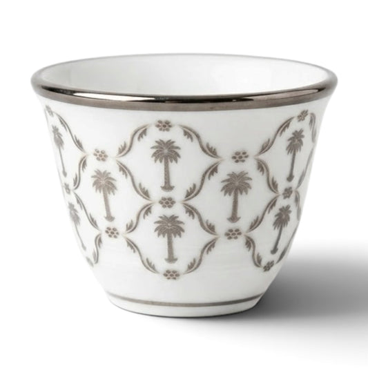 Cawa Palm Tree Motif Porcelain Arabic Coffee Cup Set with Silver Trim (12 Pieces)