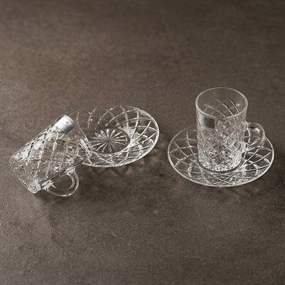 Diamond-Cut Clear Glass Tea Cup and Saucer Set (6 Pieces)