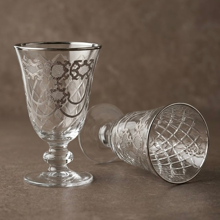 Diamond-Lattice Cut Glass Goblets with Platinum Silver Baroque Accents (Set of 6) - Mawaeen