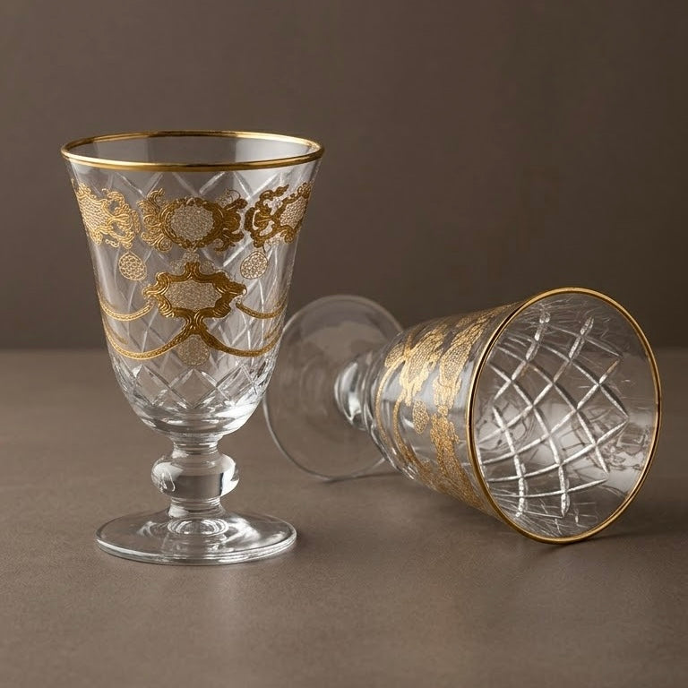 Gold-Rimmed Stemmed Juice Glasses with Diamond Cut Pattern (Set of 6) - Mawaeen