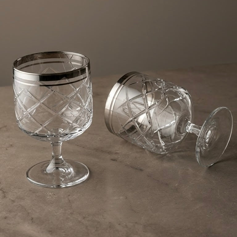 Diamond-Cut Stemmed Water & Juice Goblets with Silver Rim (Set of 6) - Mawaeen