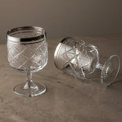 Diamond-Cut Stemmed Water & Juice Goblets with Silver Rim (Set of 6) - Mawaeen