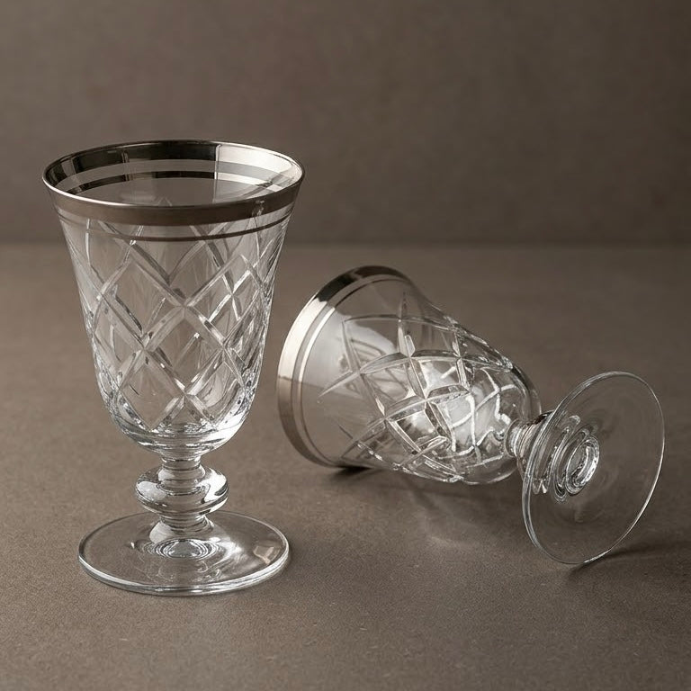 Diamond Cut Stemmed Juice Glasses with Silver Band Rim (Set of 6) - Mawaeen