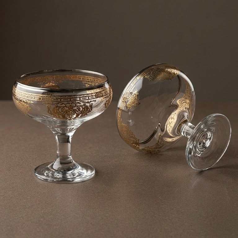 Gold & Silver Accented Footed Glass Dessert Bowls (Set of 6) - Mawaeen