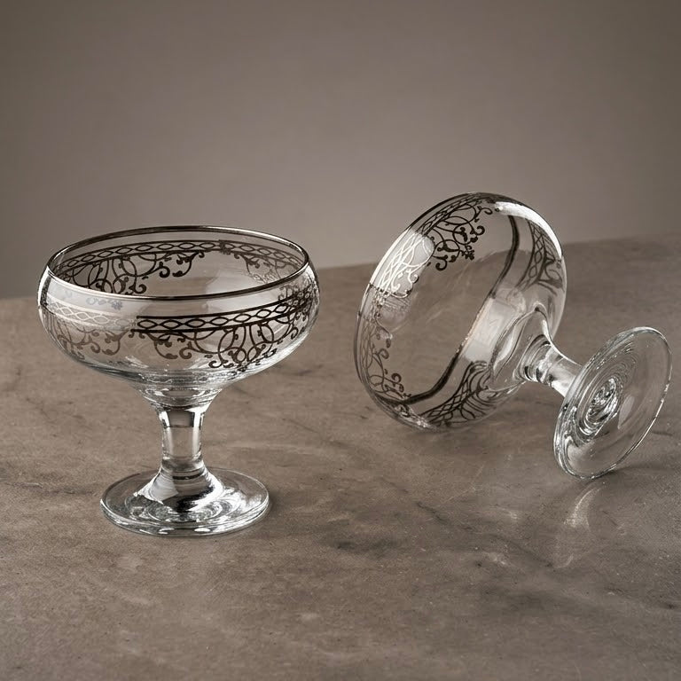 Silver Scrollwork Footed Glass Dessert Bowls (Set of 6) - Mawaeen